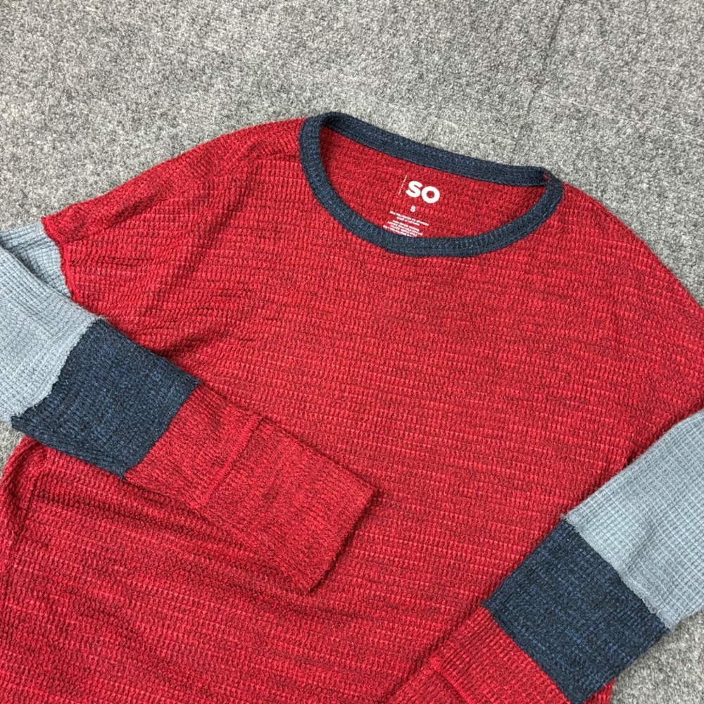 SO Waffle Knit Colorblock Sleeve Top Red Grey Navy Womens Size Small